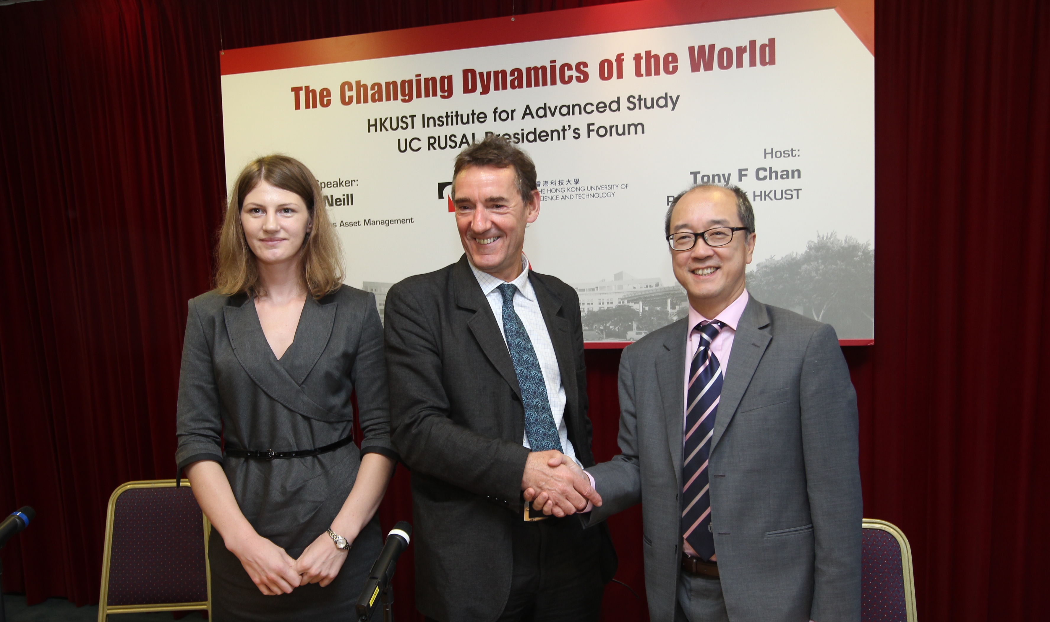(From right) President Prof. Tony F Chan, Dr. Jim O’Neill, and Ms. Elena Morenko of UC RUSAL at the press conference