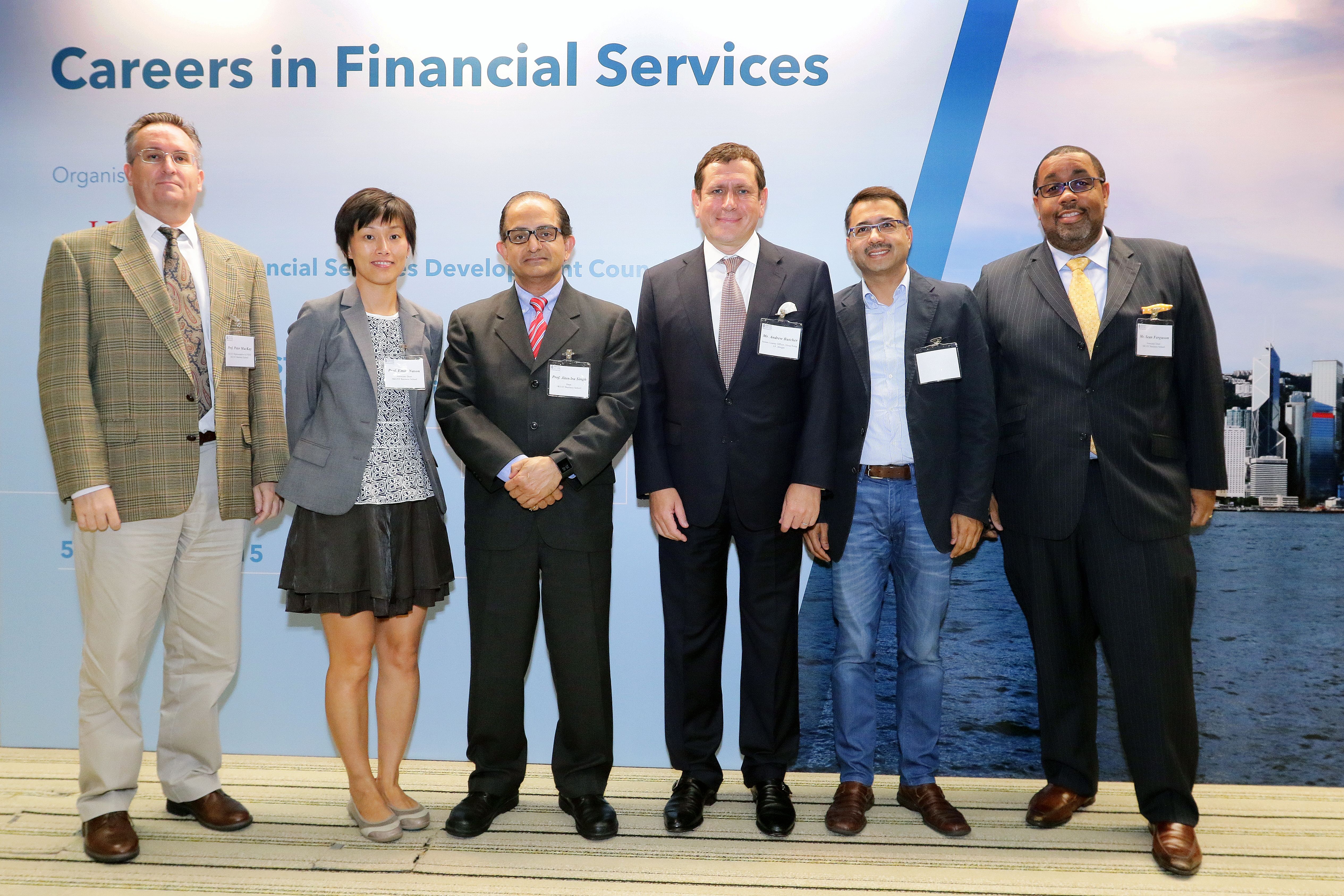  Mr Andrew Butcher and Dean of HKUST Business School Prof Jitendra V. Singh (middle) together with (from left) HKUST Representative to FSDC Prof Peter Mackay, Associate Dean (UG Programs) Prof Emily Nason, Acting Head of Department of Finance Prof Vidhan Goyal, Associate Dean (MBA &amp; MSc Programs) Mr Sean Ferguson.